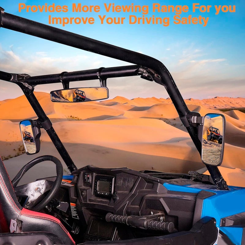 CMOOD UTV Side Rear View Mirror With 1.75" to 2" Roll Bar Cage Compatible with Polaris RZR Honda Pioneer Yamaha Rhino Kawasaki Teryx, With Center View Mirror - Image 2